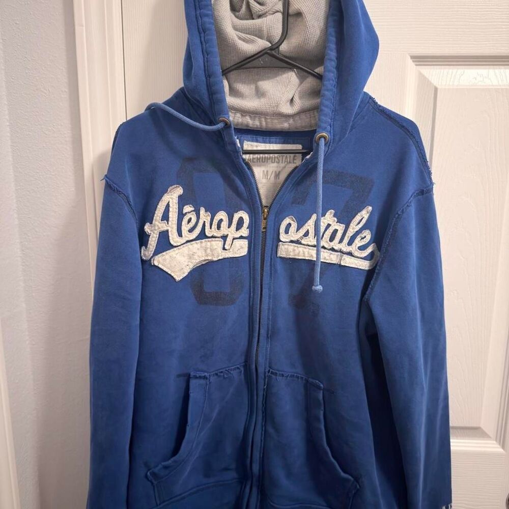 (2009) Aeropostale Distressed Script Hoodie - Royal Blue - L